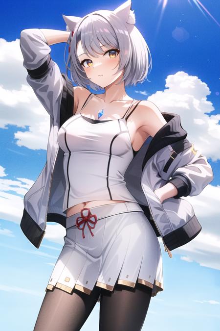 69183-2784901494-mio _(xenoblade_),__1girl, animal ears, armpits, arms behind back, bare shoulders, blue sky, breasts, camisole, cat ears, (chest.png